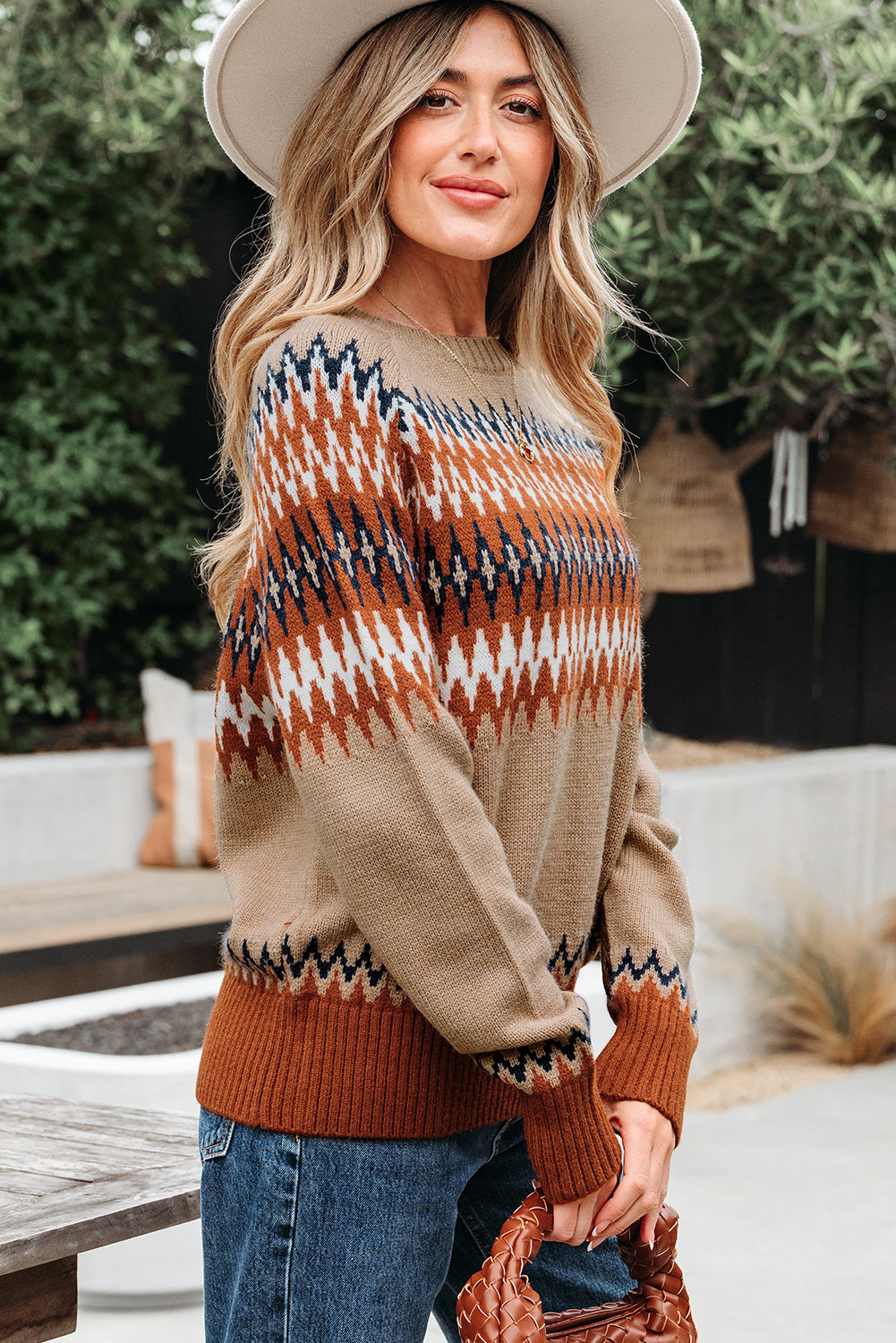 Khaki Aztec Print Colorblock Crew Neck Sweater