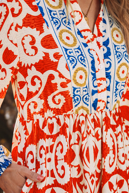 Oranges Boho-Maxikleid mit geometrischem Print und langen Ärmeln