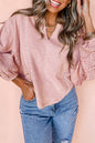 Light Pink Keyhole Notch V Neck Batwing Sleeve Blouse