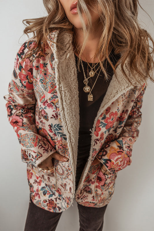Beige Vintage Paisley Blumendruck Sherpa-gefütterte Kapuzenjacke