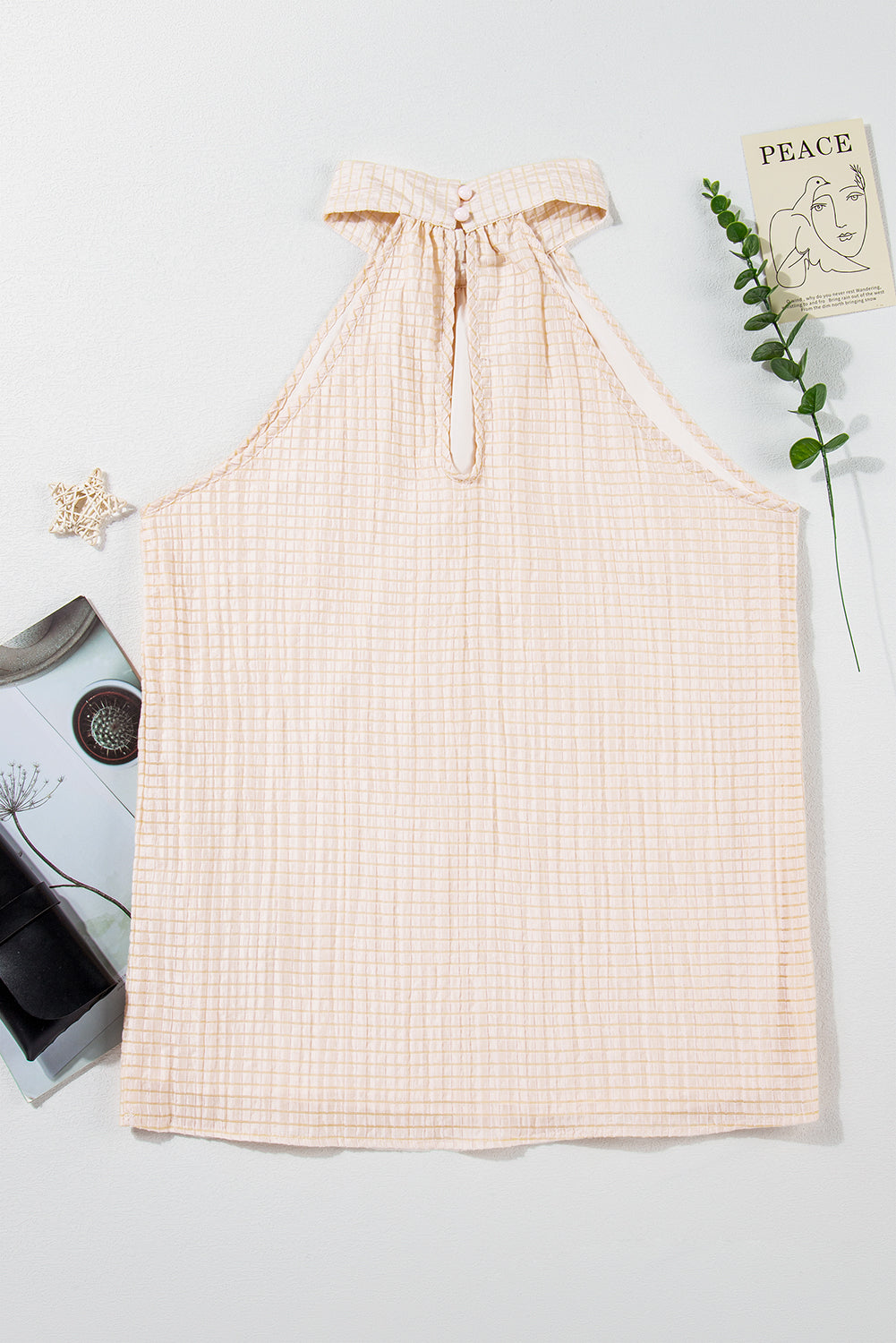 Apricot Halter Button Keyhole Back Textured Sleeveless Top