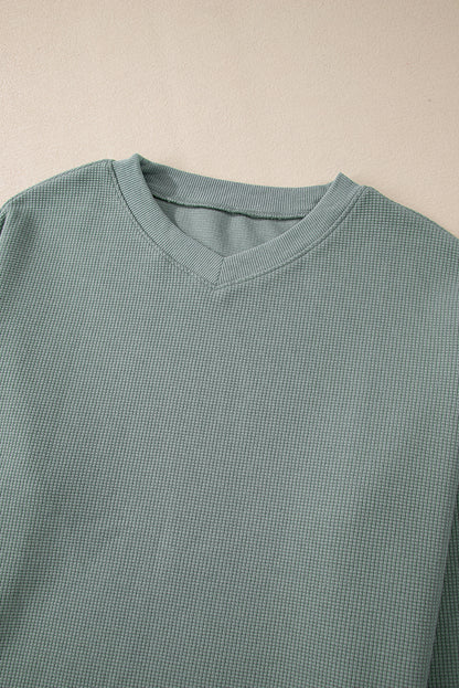 Clearly Aqua – Waffelstrick-Oberteil mit überschnittener Schulter und V-Ausschnitt