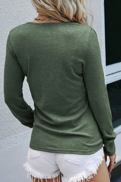 Nebelgrünes Henley-Oberteil mit Druckknöpfen und langen Ärmeln