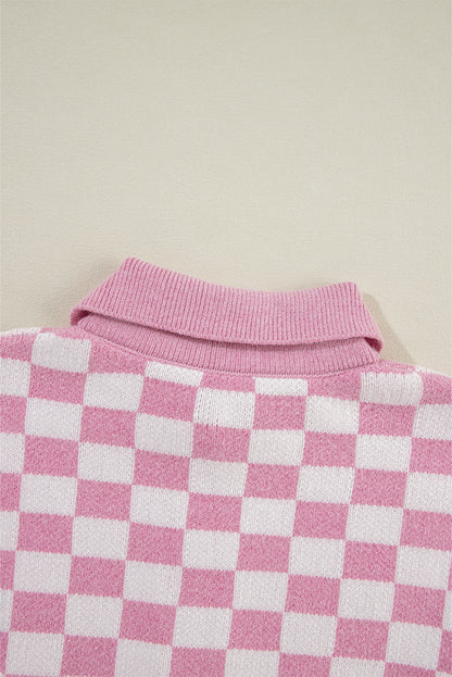 Rosa karierter Pullover mit Knöpfen, Kragen, V-Ausschnitt und überschnittenen Schultern