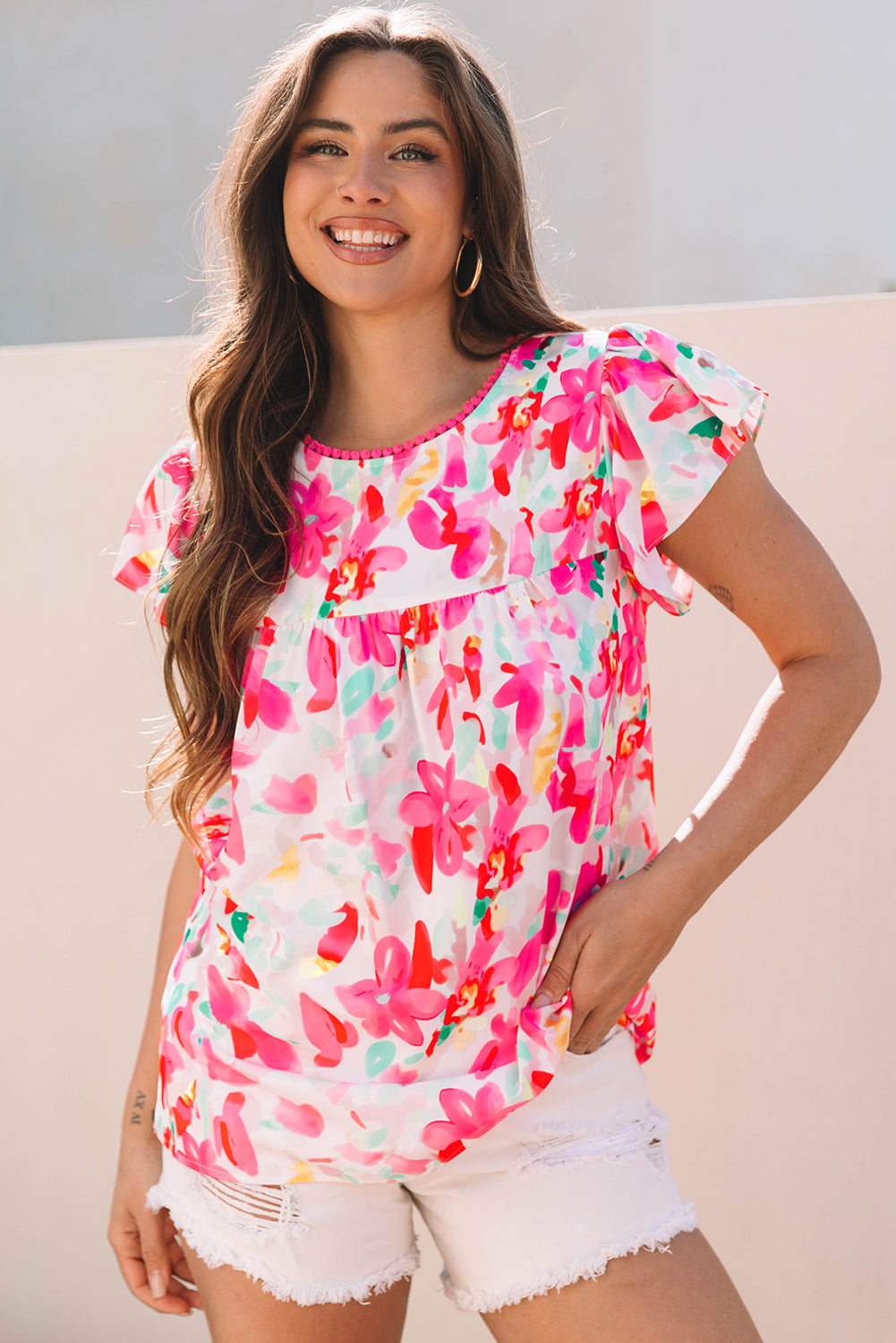 Lässige Bluse mit Rosen-Blumendruck, Flatterärmeln und Rundhalsausschnitt