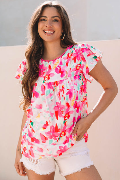 Lässige Bluse mit Rosen-Blumendruck, Flatterärmeln und Rundhalsausschnitt