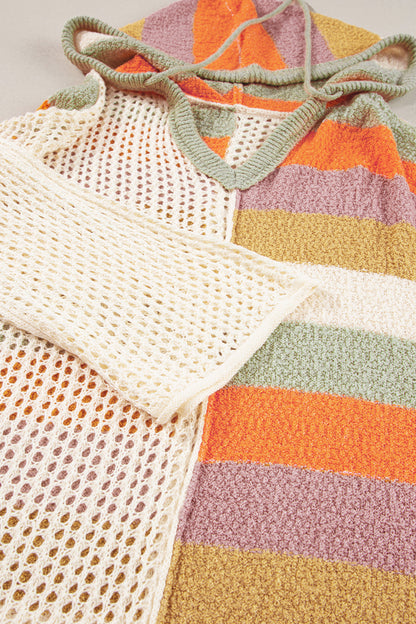 Beigefarbener Oversize-Kapuzenpullover mit Farbblockdesign und V-Ausschnitt