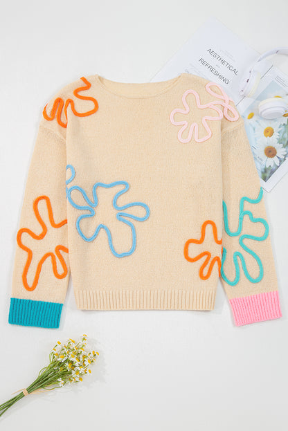 Jet Stream Contrast Flower Detail Colorblock Cuffed Loose Sweater