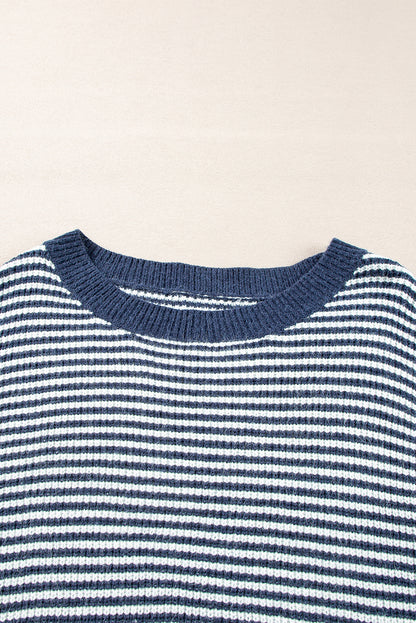 Segelblau gestreifter Pullover mit Laternenärmeln und überschnittener Schulter