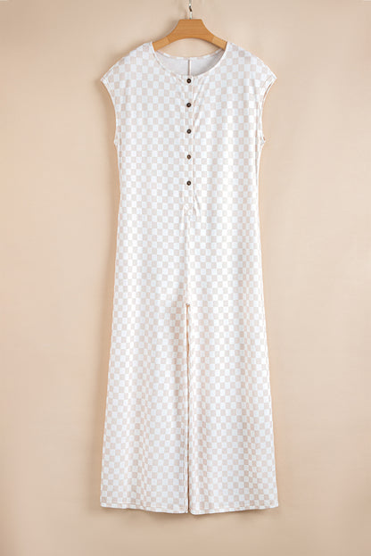 Aprikosenfarbener Jumpsuit mit weitem Bein und Karomuster, Rundhalsausschnitt und Knöpfen