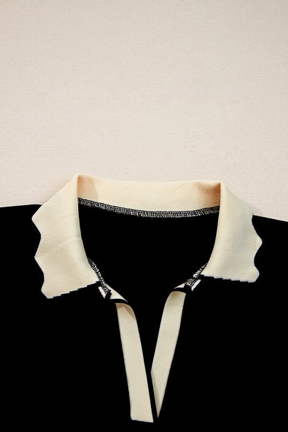 Black Scallop Trim Color Block Long Sleeve Collared Top