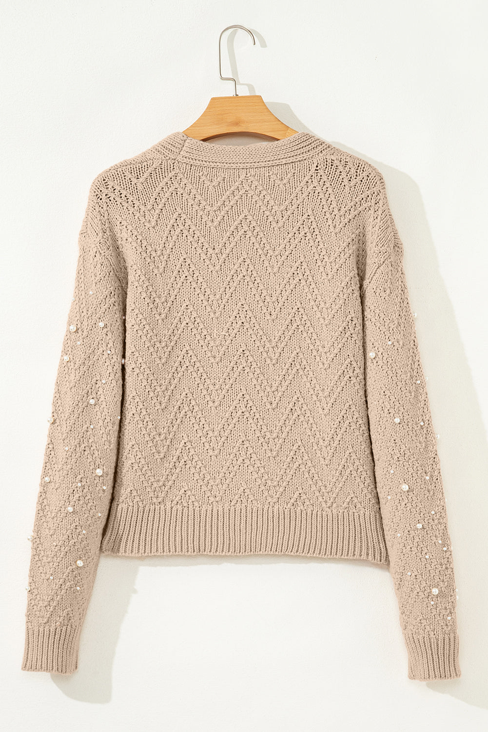 Smoke Gray Pearl Embellished Button Front V Neck Sweater Cardigan