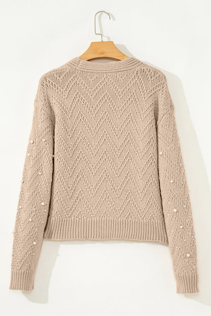 Smoke Gray Pearl Embellished Button Front V Neck Sweater Cardigan