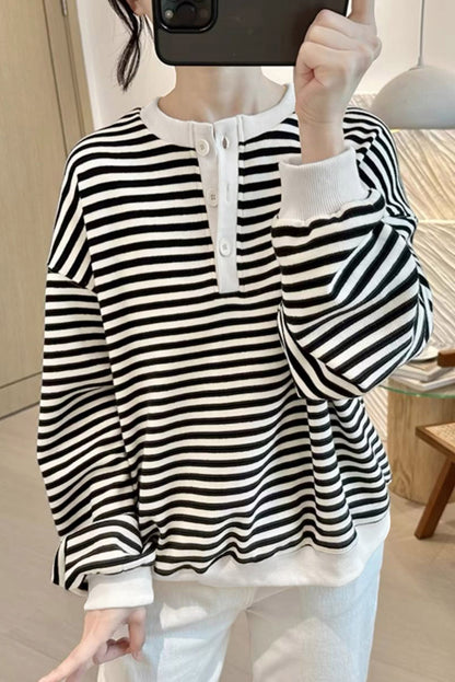 Weißes, gestreiftes, farbiges Block-Sweatshirt mit Rundhalsausschnitt und Knöpfen