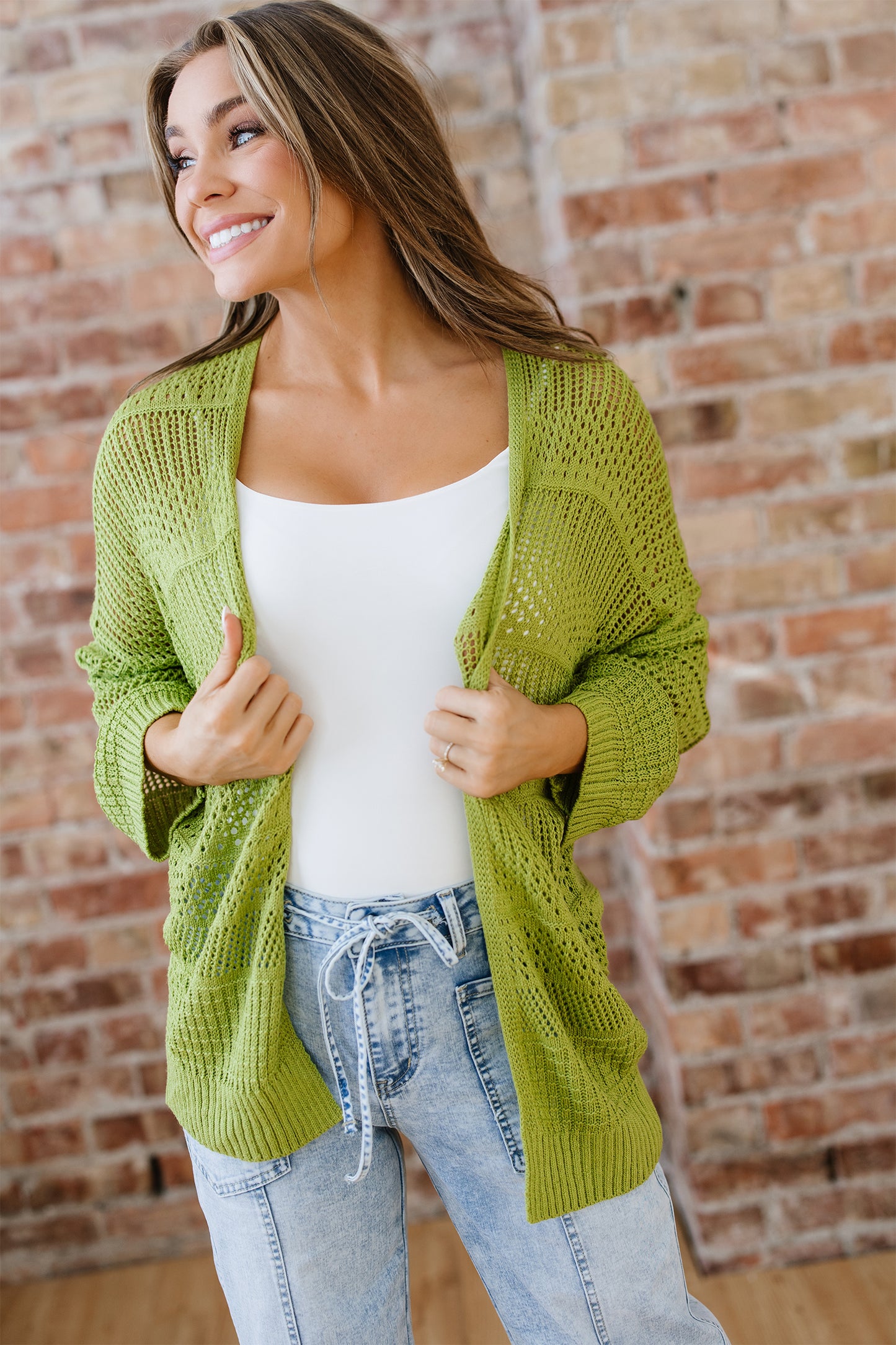 Spinach Green Oversize Crochet Knit Open Cardigan