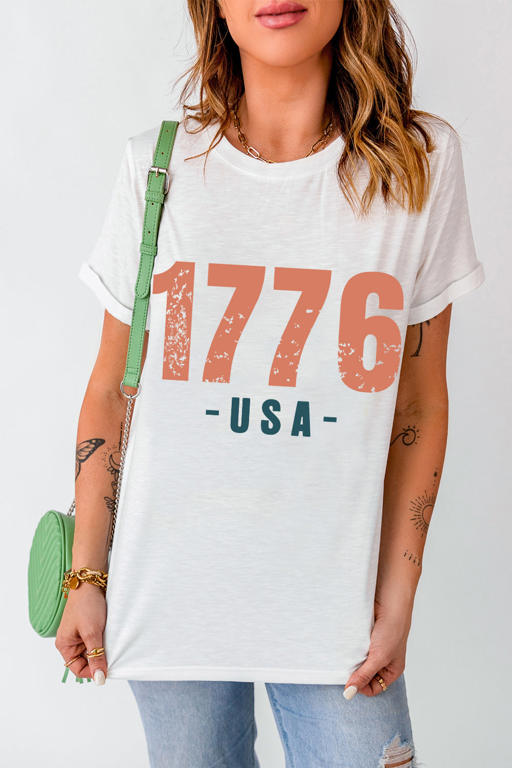 Weißes T-Shirt mit USA-Vintage-Grafik von 1776