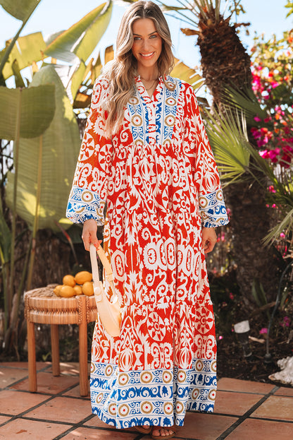 Oranges Boho-Maxikleid mit geometrischem Print und langen Ärmeln