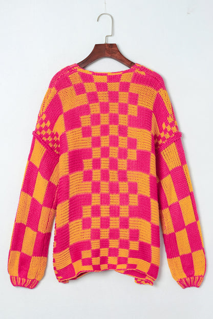 Mehrfarbige Strickjacke mit offenem Vorderteil und gemischtem Karomuster