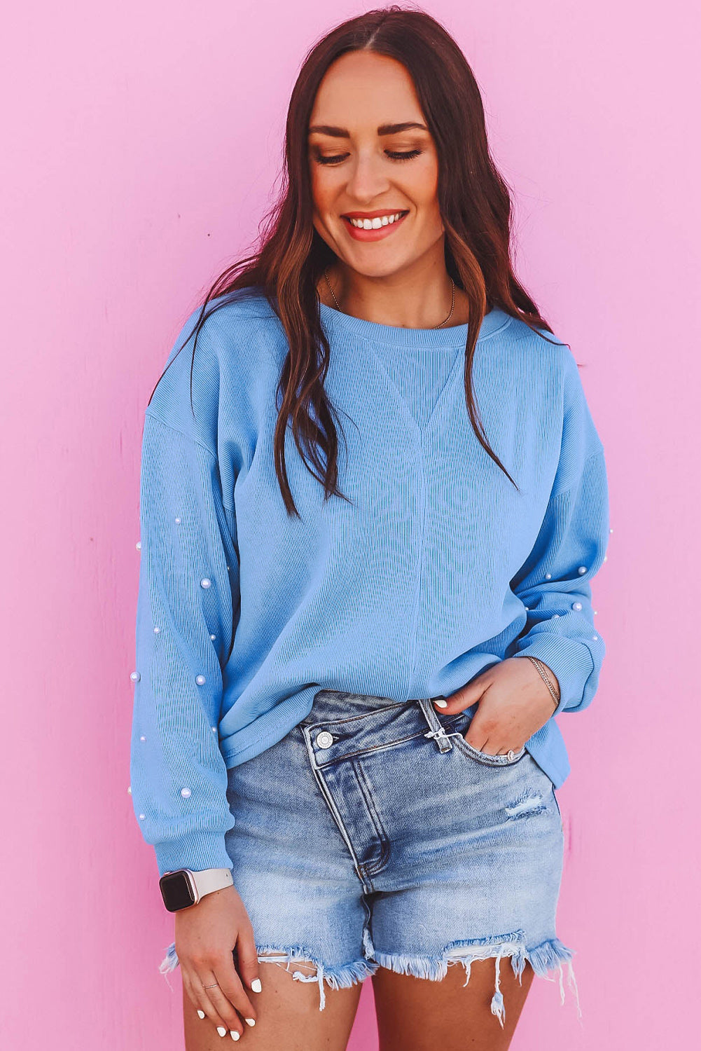 Myosotis Pullover mit Perlenärmeln, überschnittener Schulter und Rundhalsausschnitt