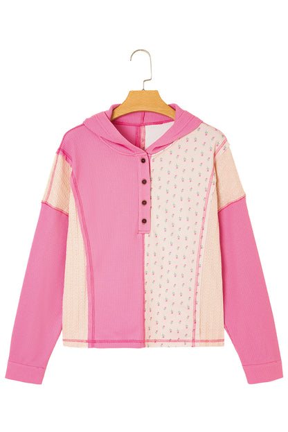 Pink Mixed Texture Waffle Floral Patchwork Hooded Oversize Pullover