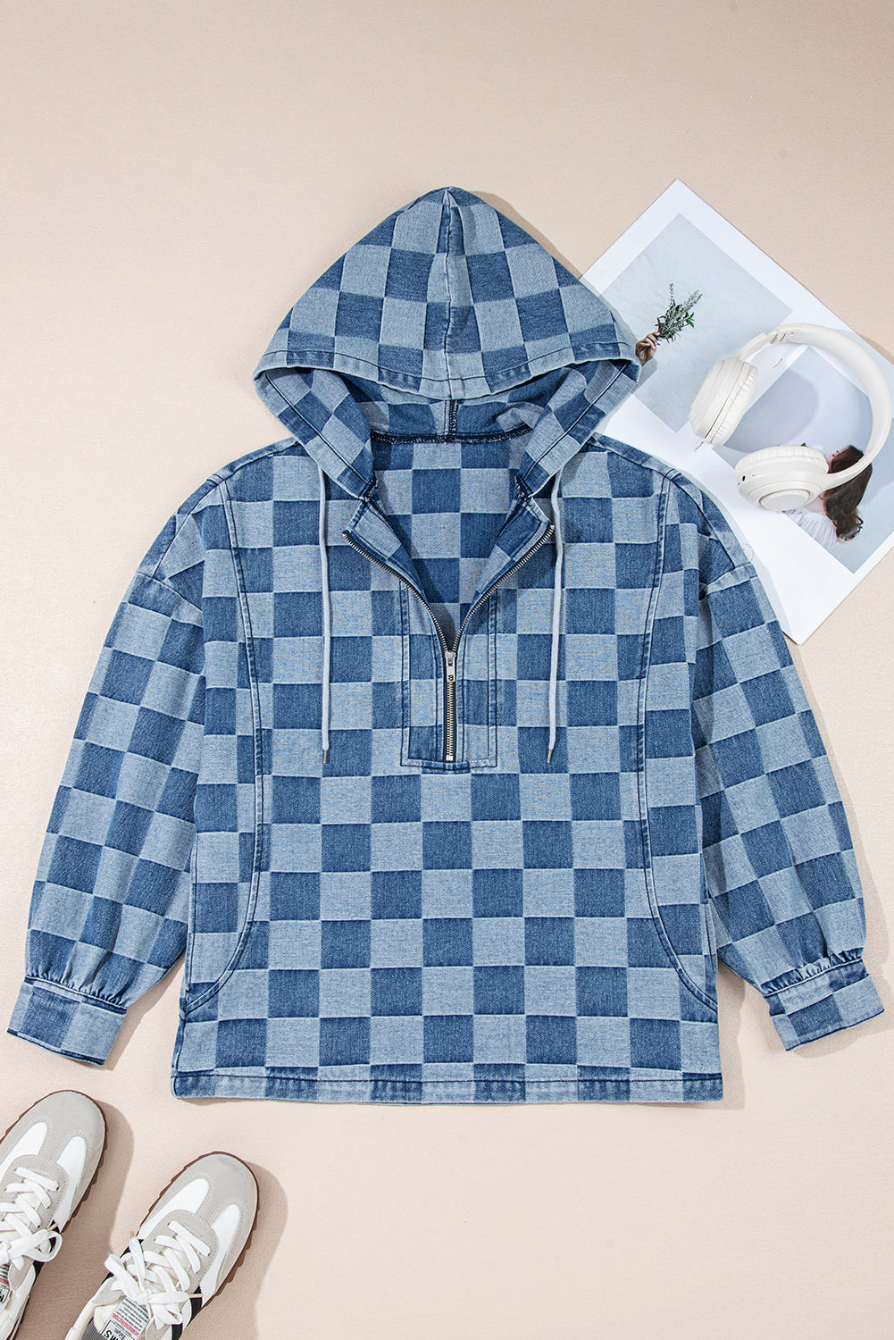 Sky Blue Checkerboard Zipped Neck Kangaroo Pocket Denim Hoodie
