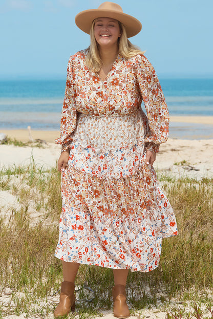 Khakifarbenes Maxikleid mit Blumenmuster und Rüschen in Übergröße