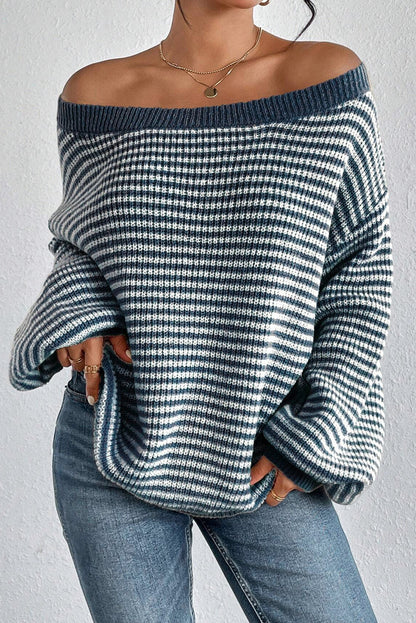 Segelblau gestreifter Pullover mit Laternenärmeln und überschnittener Schulter