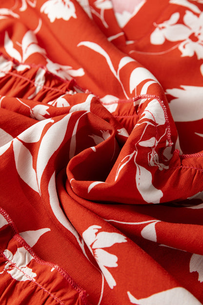 Red Boho Floral Print Lettuce Trim 3/4 Sleeve Mini Dress