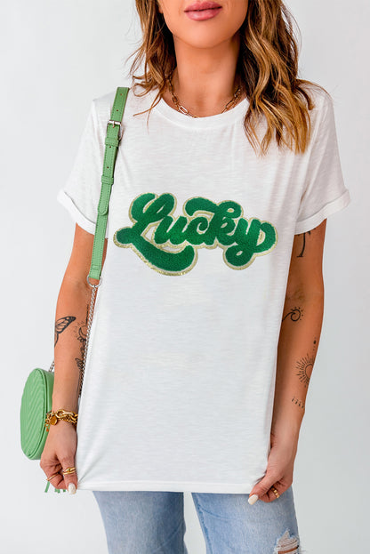 Weißes T-Shirt mit St. Patrick's Day-Glücksbringer und Chenille-Glitzerpatch