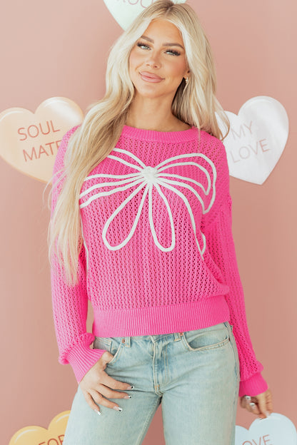 Sachet Pink Sweet Bow Decor Hollow Out Knitted Drop Shoulder Sweater
