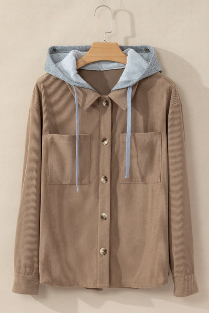 Hellkhakifarbene Cordjacke mit Kapuze, Kordelzug und Taschen