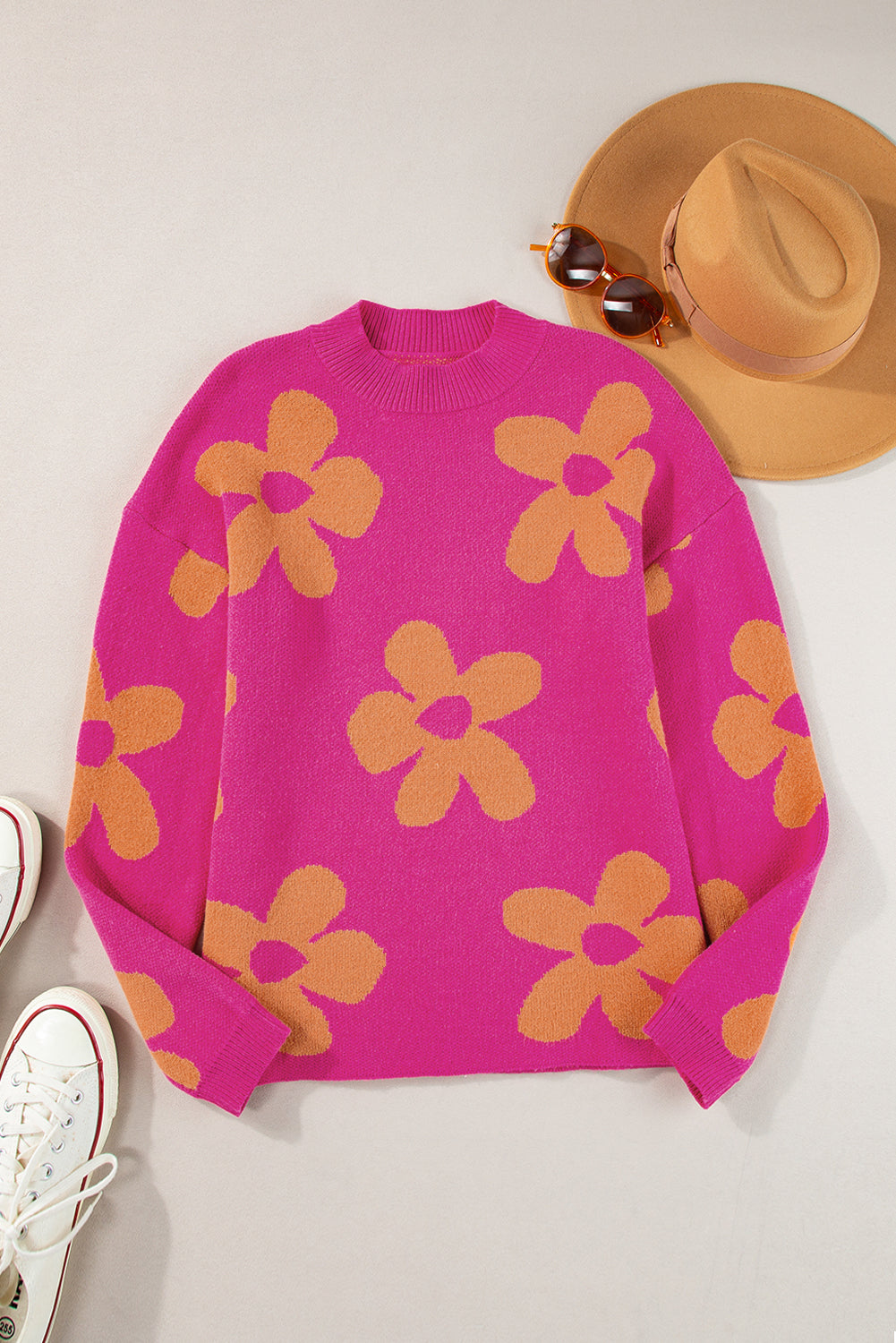 Langarmpullover mit Stehkragen und großem Blumenmuster in Rose