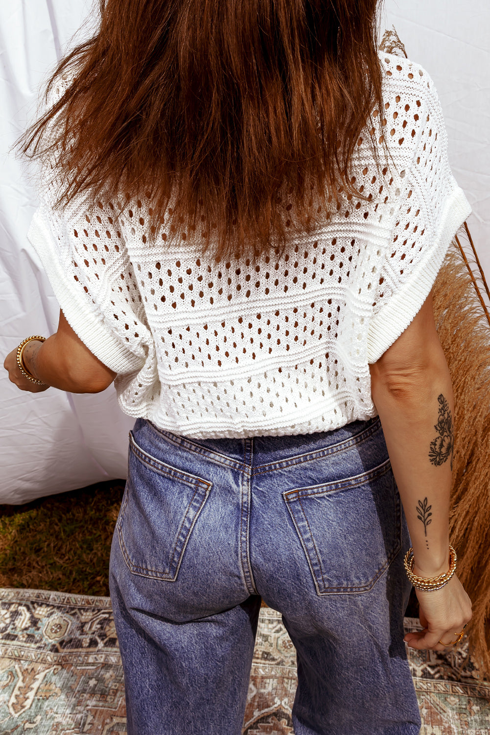 White Hollow Out Knit Round Neck Dolman Sweater