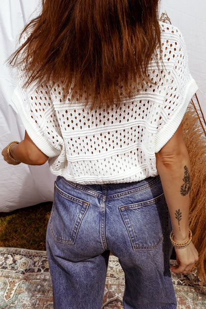 White Hollow Out Knit Round Neck Dolman Sweater
