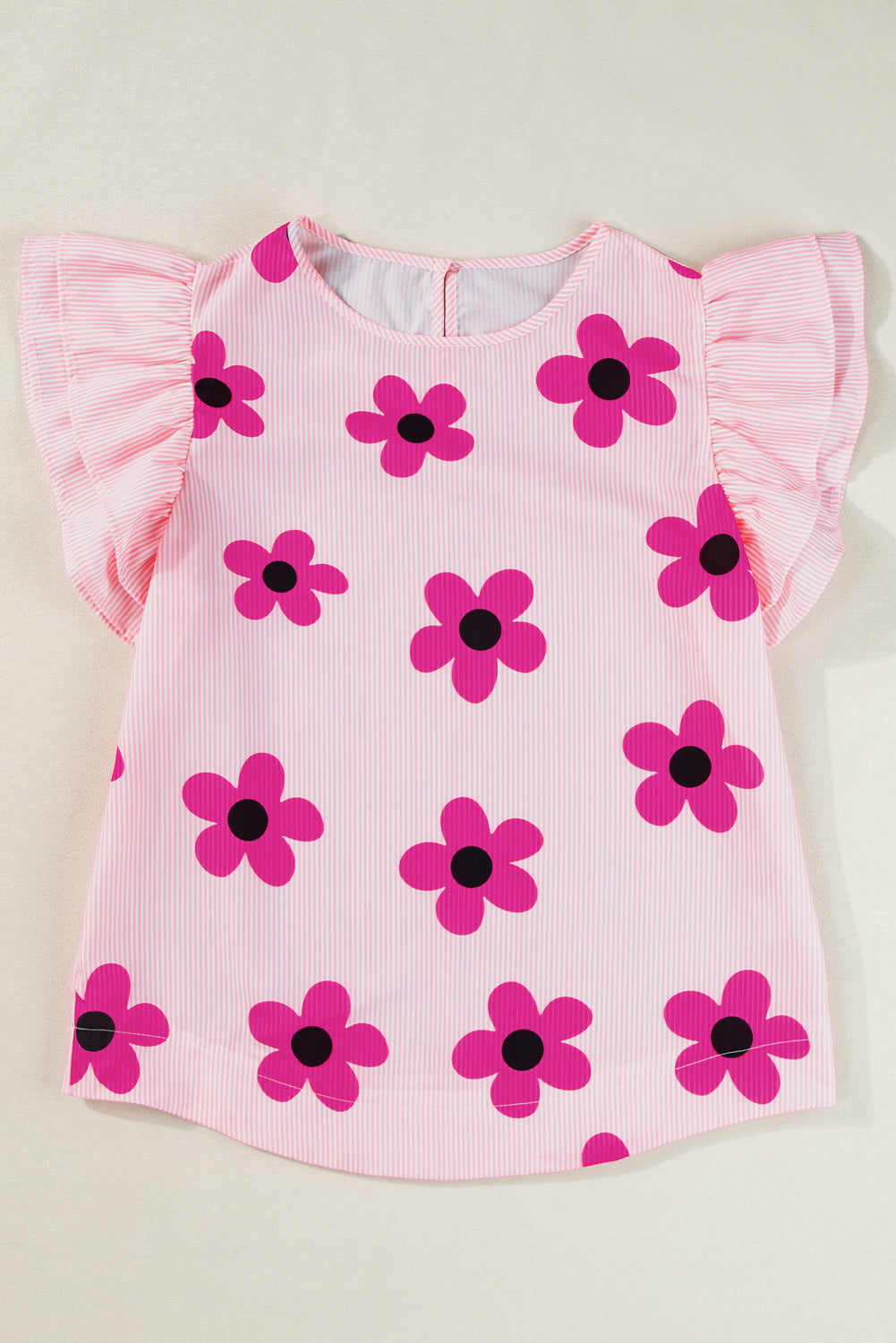 Rosa Bluse mit Nadelstreifen und Blumenmuster, Rüschen und Flatterärmeln