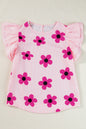 Rosa Bluse mit Nadelstreifen und Blumenmuster, Rüschen und Flatterärmeln