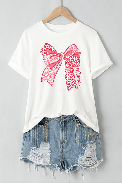 Weißes T-Shirt mit Leopardenmuster und Schleife zum Muttertag