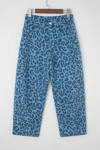 Sky Blue Leopard Print Straight Loose Jeans