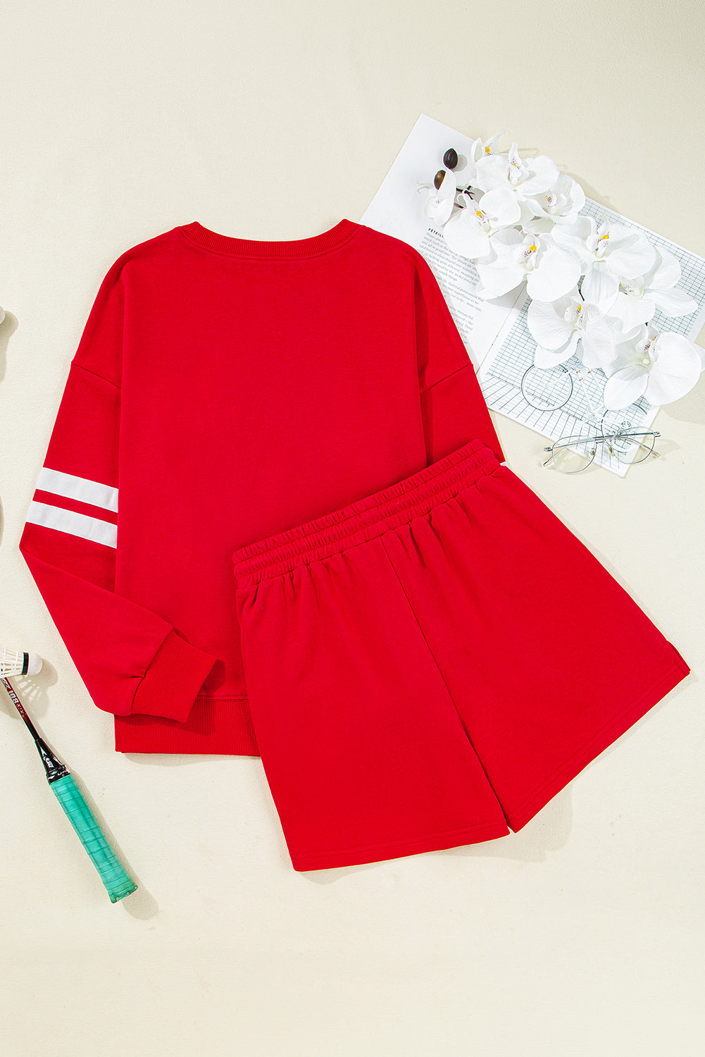 Fiery Red Varsity Striped Sleeve Drop Shoulder Sweatshirt and Short Set