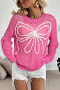 Sachet Pink Sweet Bow Decor Hollow Out Knitted Drop Shoulder Sweater