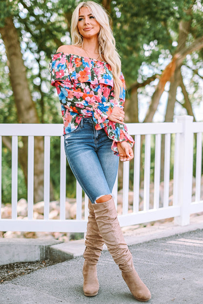 Schulterfreie Bluse mit Blumenmuster und Rüschen