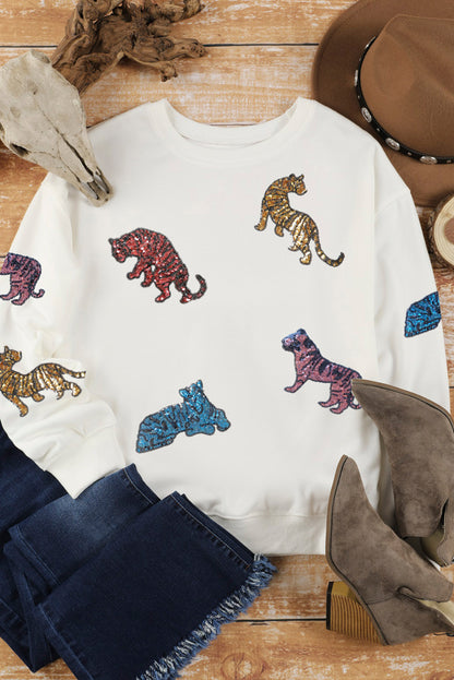 Beiges, lässiges Sweatshirt mit Rundhalsausschnitt und Pailletten