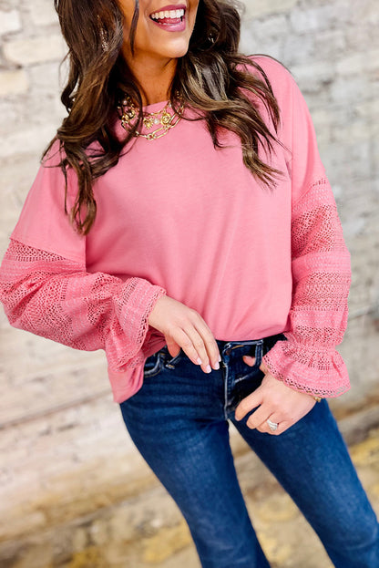 Sachet Rosa Tropfen Schulter Spitze Rüschen Ärmel Patchwork Lose Sweatshirt