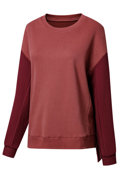 Mineralrotes zweifarbiges Patchwork-Pullover-Sweatshirt mit überschnittener Schulter