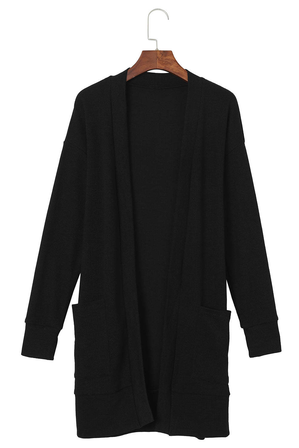 Schwarzer Thermo-Waffelstrick-Cardigan mit Taschen
