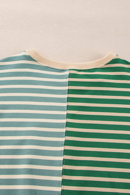 Grün gestreiftes, lässiges, gestreiftes Colorblock-Sweatshirt mit überschnittener Schulter