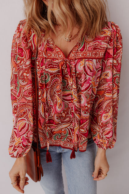 Mehrfarbige Boho-Bluse mit ethnischem Paisley-Print, Quaste und Puffärmeln