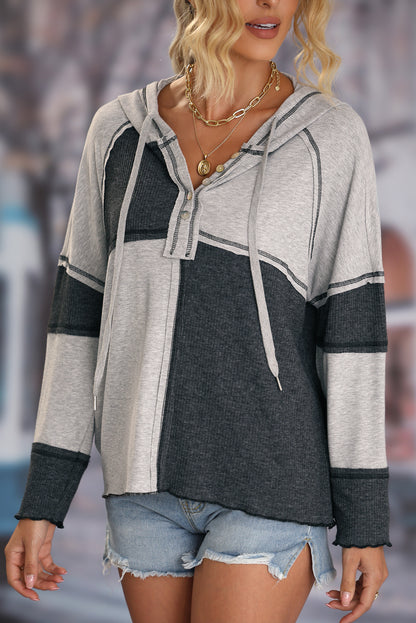 Gray Colorblock Seamed Ribbed Henley Hoodie