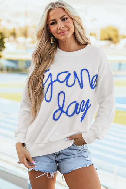 Weißes Lametta-Sweatshirt mit Game Day-Grafik und überschnittener Schulter