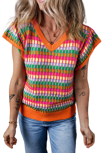 Orangefarbenes, mehrfarbiges Strickpullover-Oberteil mit Flatterärmeln